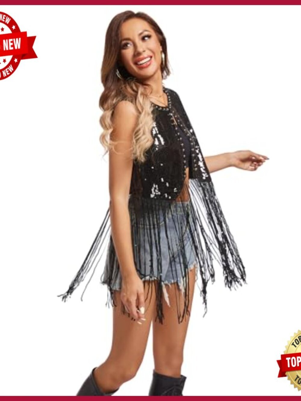 Sequin Fringe Vest Sleeveless Open Front Tassel Jacket Party Top - Picture 3 of 5